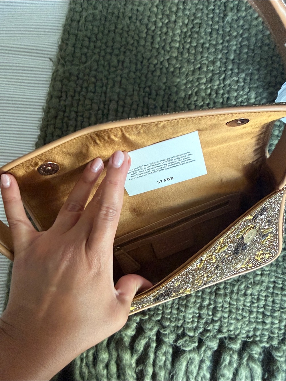 Brand new STAUD Brown Floral Sequin Shoulder Bag with Tan Trim - Picture 8 of 11